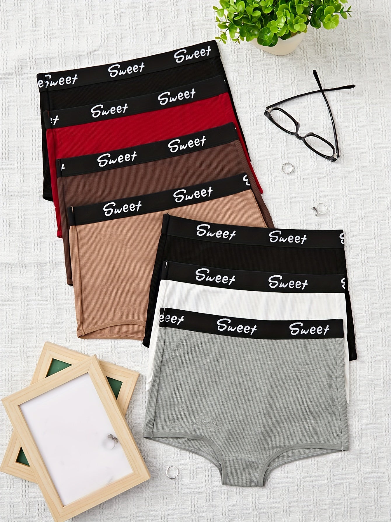 7pcs Letter Print Trim Boyshorts - Sexy Bikinis with Comfy Breathable Stretchy Fabric, Soft Lingerie & Underwear for Women - Perfect Intimates for Everyday Wear