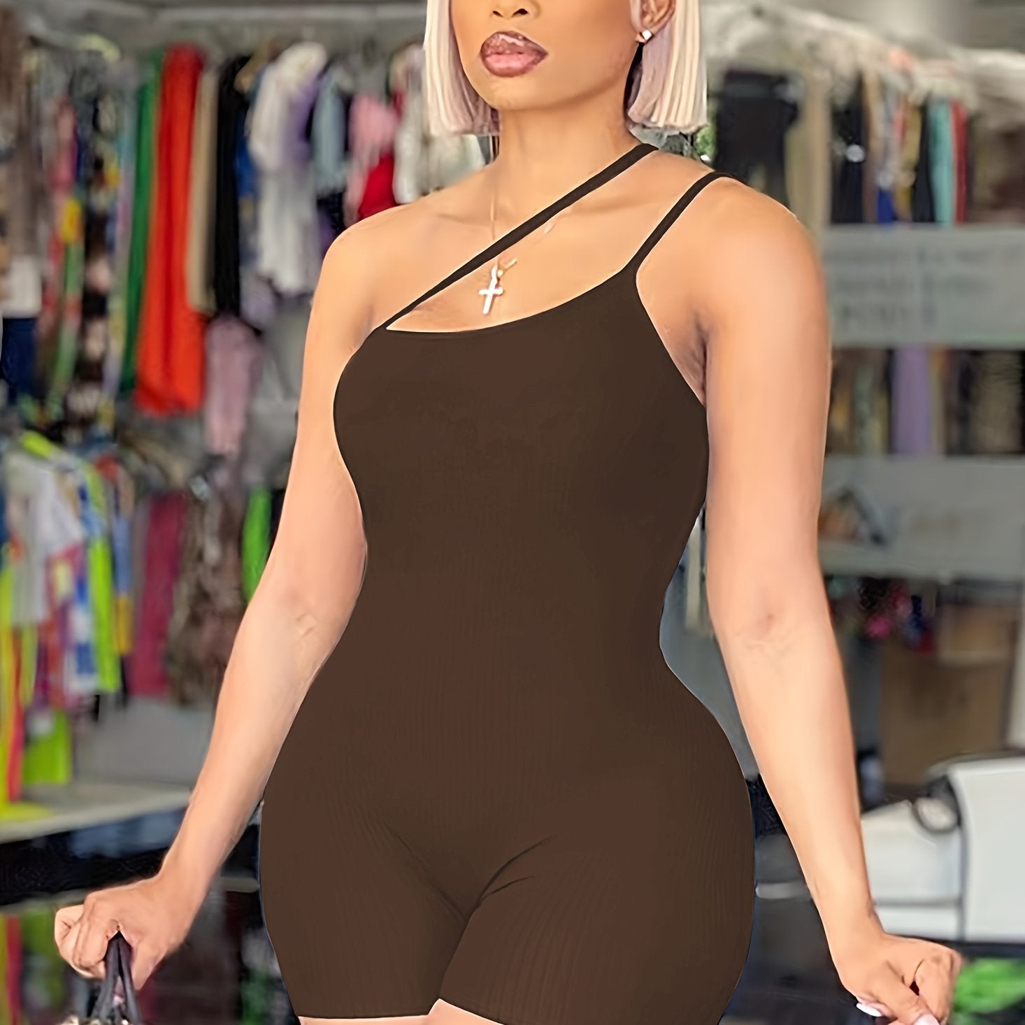Solid One Shoulder Slim Romper Jumpsuit - Sexy Sleeveless Design - For Women - Perfect for Parties & Night Out - Stylish Gift for Fashionable Ladies