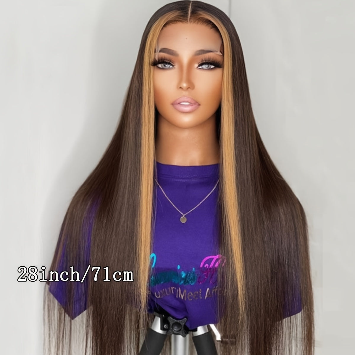 28 Inch Honey Blonde Highlights on Brown Synthetic Lace Front Wig - Glueless 13x4 HD Lace, Heat Resistant 180% Density Straight Hair Wig for Women, Daily Wear & Cosplay, Lace Wig