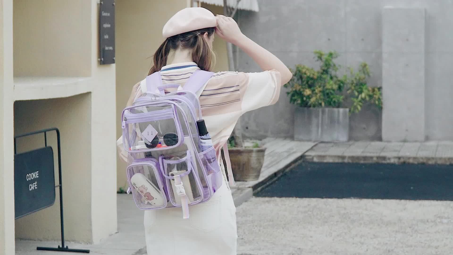 Adjustable Strap Clear Backpack for Women - Heavy Duty PVC Transparent Bookbag, Stadium-Approved, See-Through Design with Multiple Compartments for School and Casual Use