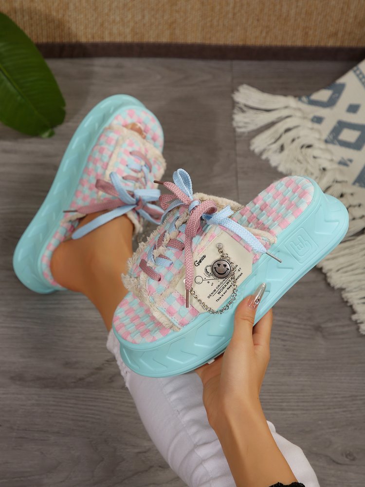Women'S Chic Summer Canvas Slide Shoes - Pink & Blue Checkered Design, Thick Sole, Lace-Up with Charm, Casual Outdoor Footwear, Comfortable Fabric Upper, Rubber Sole, Round Toe, Fashionable and Casual