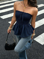 Womens Waist-cinching Ruffled-hem Strapless Resort-style Tank Top