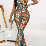 Women'S Elegant Floral Print Sleeveless Spaghetti Strap Jumpsuit, Slim Fit Stretch Bell Bottoms, Sexy Summer Bodycon Romper, Fashionable and Comfortable, Jumpsuits for Summer