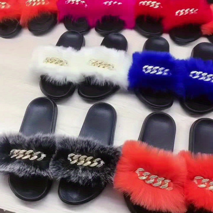 Women's Faux Fur Slip-On Sandals - Open-Toe Summer Slide Shoes with Back Strap, Plush Comfort & Elegant Design for Casual Outings, Beach, Lounging
