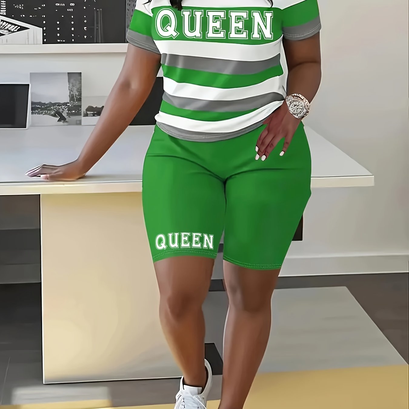 Two-Piece Queen Print Color Block Crew Neck T-Shirt & Biker Shorts Outfit - Soft Mid-Elasticity Polyester Fabric, Random Striped Pattern, Machine Washable, Spring/Summer Casual Wear - Vibrant Colors, Comfortable Fit