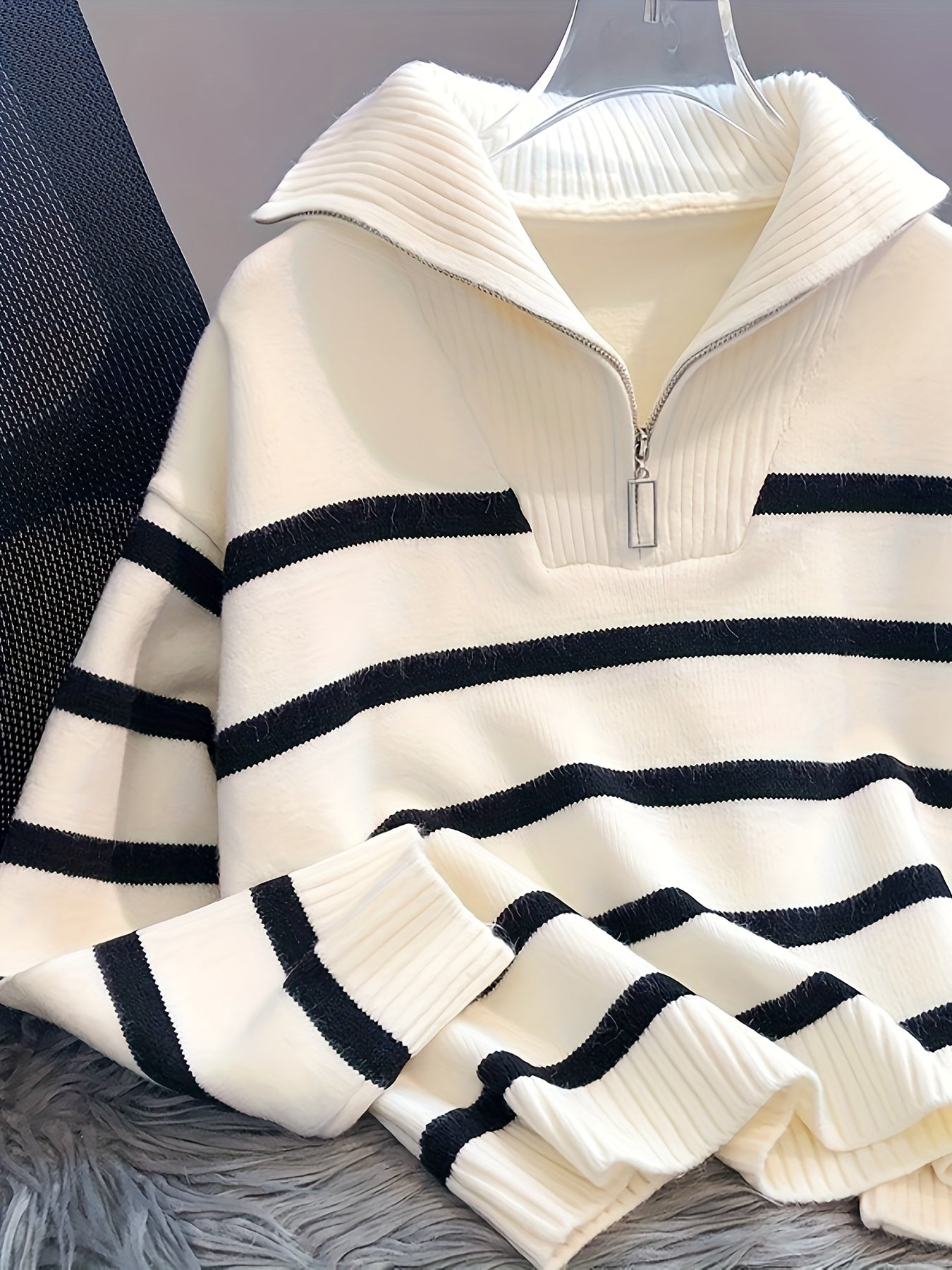 Soft Touch, Chic Striped Zip-Up Sweater for Women - Cozy & Thick, Perfect for Spring/Fall, Machine Washable