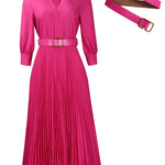 Elegant V-Neck Pleated Midi Dress with Belt for Women - Chic Long Sleeve, Cinched Waist, Ribbed Texture, Perfect for Spring & Fall Formal Event