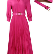 Elegant V-Neck Pleated Midi Dress with Belt for Women - Chic Long Sleeve, Cinched Waist, Ribbed Texture, Perfect for Spring & Fall Formal Event