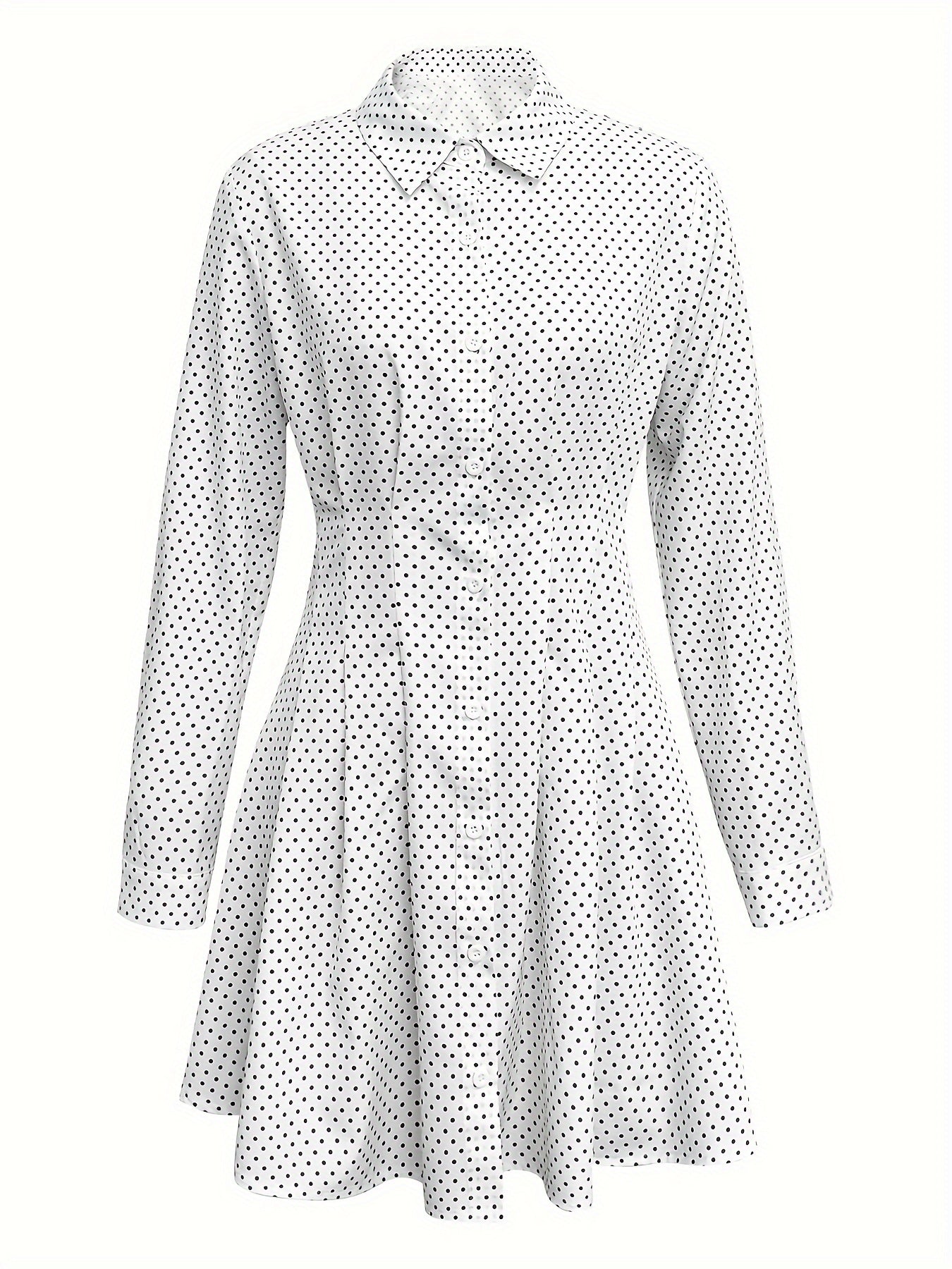 Polka Dot Button Front Dress - Elegant Long Sleeve Pleated Dress For Spring & Fall - Women's Clothing - For Women - Suitable for Parties & Casual Occasions - Perfect Gift for Her