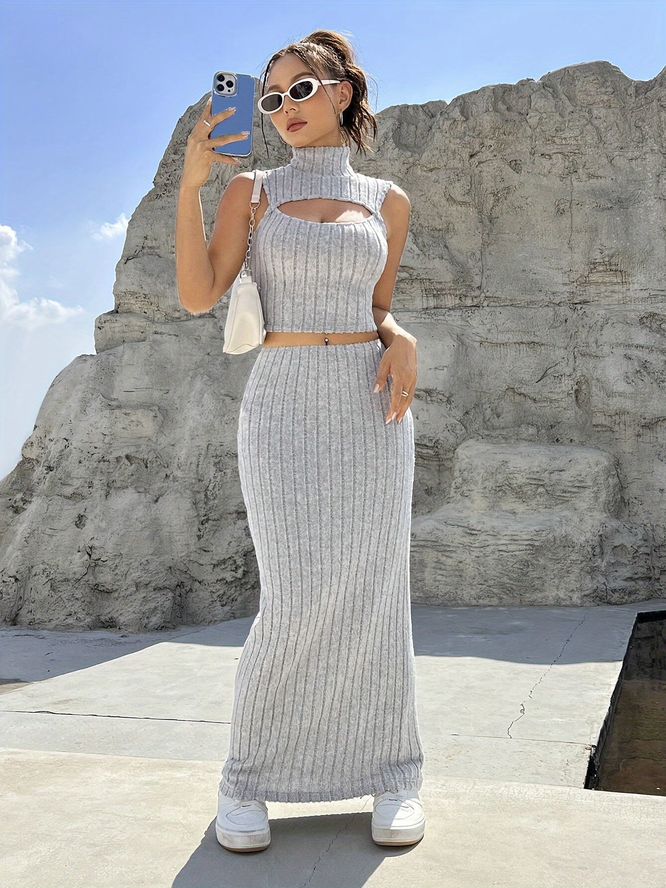 Chic High-Neck Cut-Out Ribbed Knit Two-Piece Set with Split Hem Skirt, Polyester, Machine Washable - All Seasons