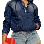 [Casual Denim Hoodie] Casual Women's Denim Half Zip Hoodie Pullover Jacket Jean Tops Cowboy Hoodie