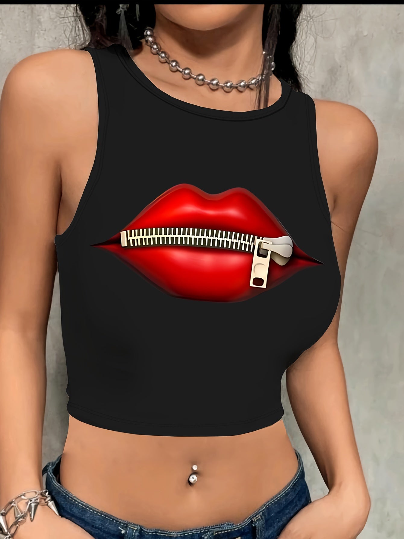 Valentine's Day Red Lip Print Round Neck High Elastic Tight Fit Print Short Top with Navel Exposed Women's Casual Sports Shirt