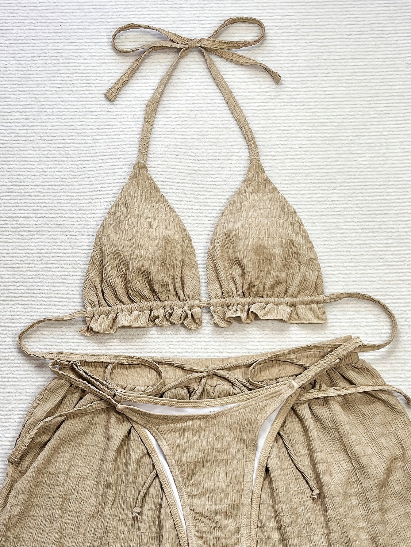 Elegant 3pcs Beige Bikini Set with Floral Embroidery, High-Waisted Bottoms & Ruffled Halter Top, Includes Sheer Cover-Up Shorts - Women's Swimwear