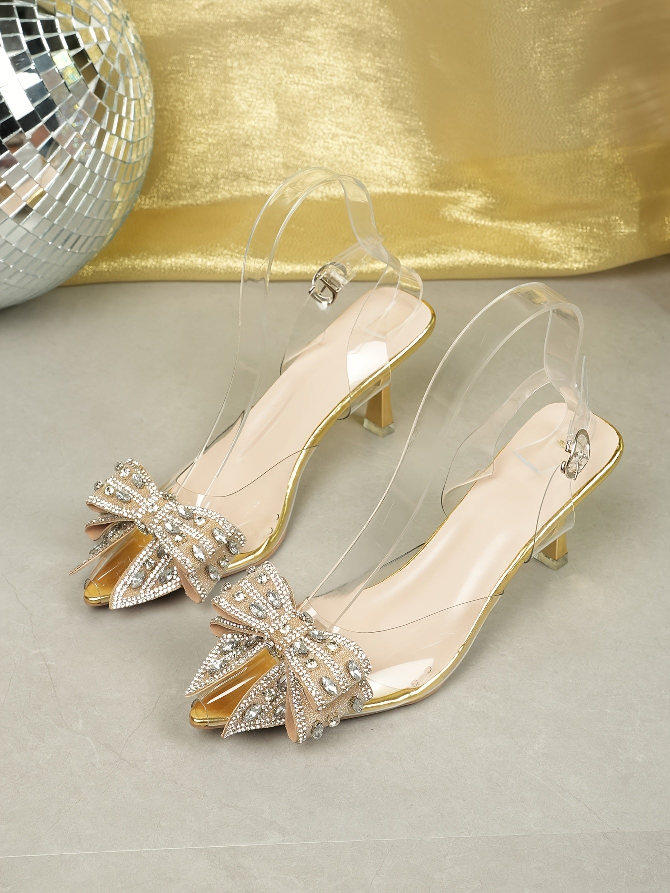 Women'S Elegant Pointed Toe Stiletto Sandals with Sparkling Bow Accents - High Heel, Buckle Closure, All-Season Comfort, Polyurethane Upper & Sole, Versatile Footwear|Sparkling Accent Sandals|Durable Footwear