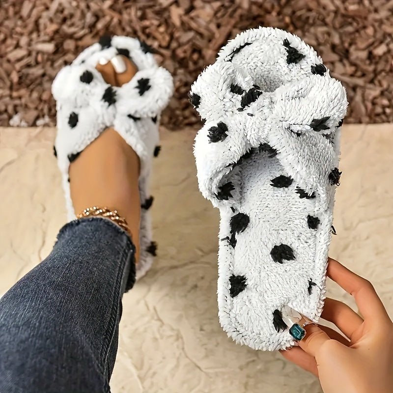 Cozy & Cute Women's Plush Slippers with Polka Dot Bow Design - Soft, Warm Indoor Footwear with Non-Slip EVA Sole, Perfect for Home Comfort in Spring & Autumn, House Slippers