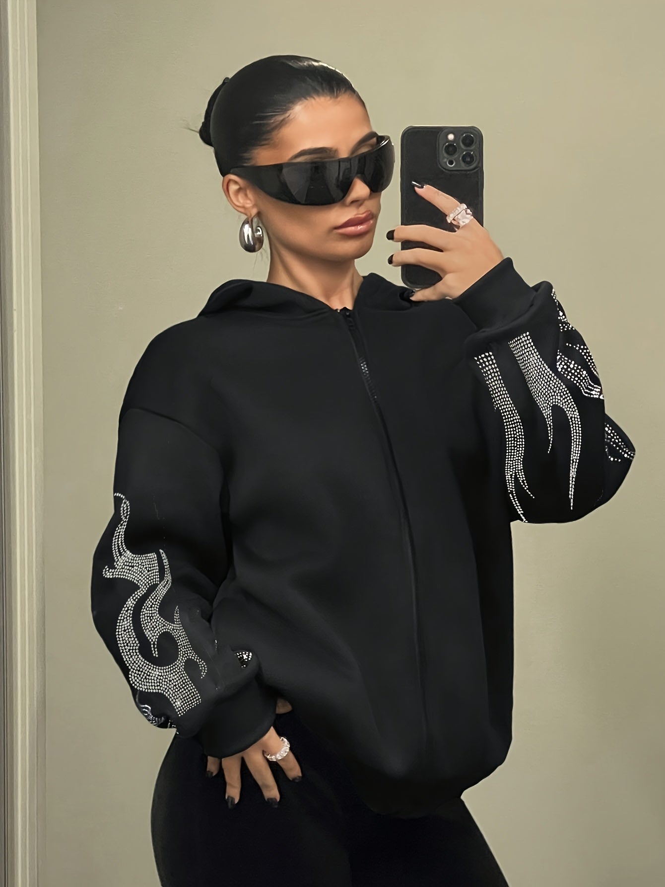 Women's Casual Hooded Sweatshirt with Geometric Pattern, Zip-Up Closure, Polyester and Spandex Blend, Machine Washable - All Seasons