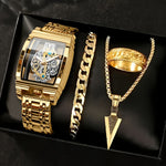 4pcs New Men's Fashion Casual Waterproof Luminous Quartz Watch and Jewelry Combination Set for Daily Wear, Parties, Valentine's Day, Easter, Christmas, Halloween, Ramadan, Wedding, Gifts for Friends and Family