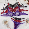 3pcs Floral Embroidery Sexy Lingerie Set, Single-Layer Mesh Underwire Bra and Thong, Black, Burgundy, and Purple Combo with Sheer Push-Up Bra and Panties