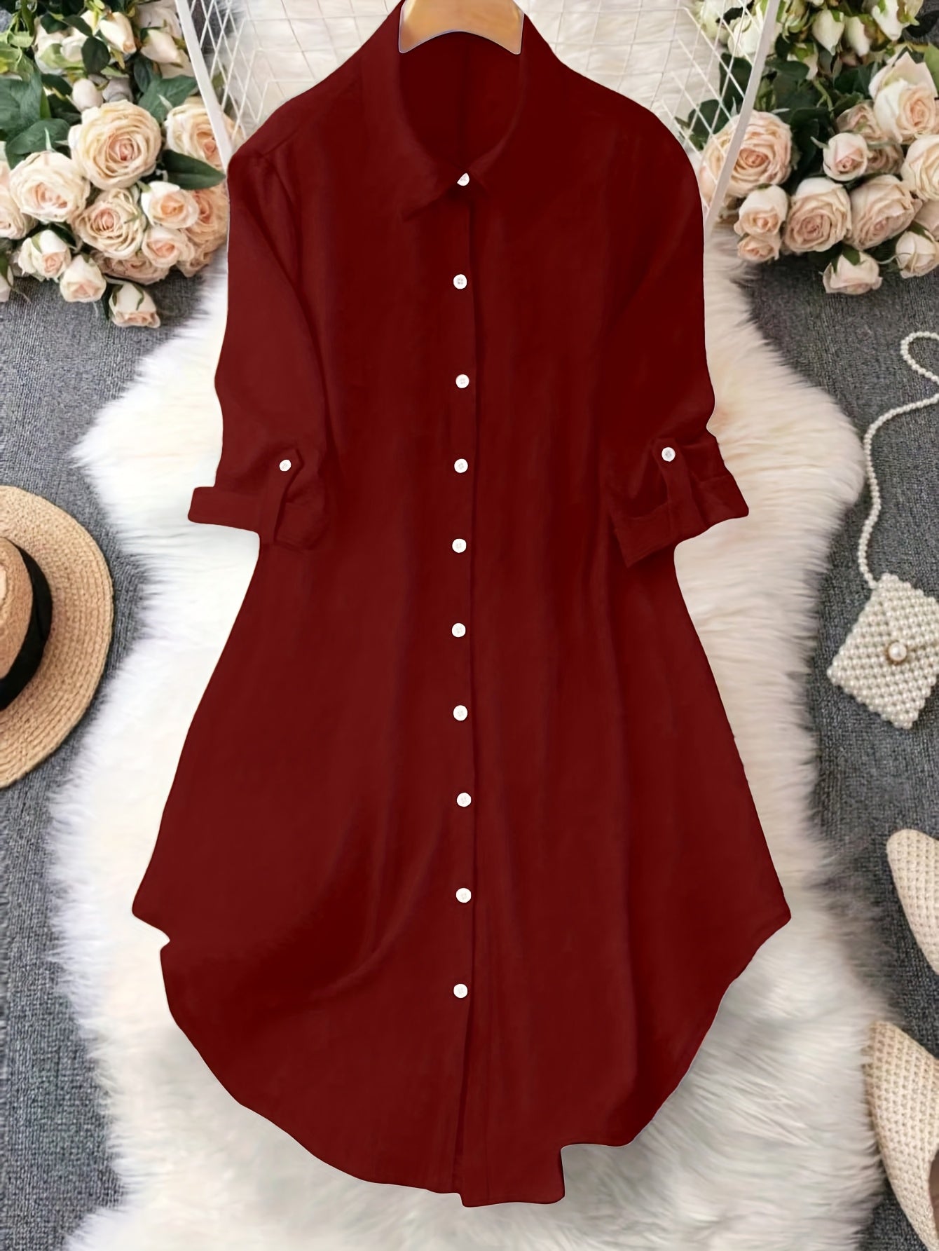 Women'S Light Blue Dress Shirt with Front Buttons and Sleeves - Casual Crew Neck, Long Sleeve, Solid Color, Polyester, Perfect for Spring and Fall, Ladies Dress