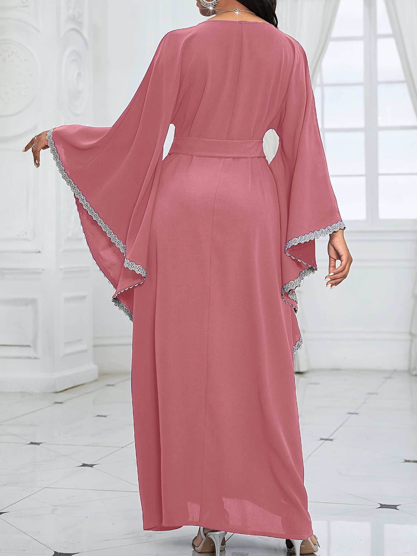 Contrast Lace Flare Sleeve Dress, Elegant Crew Neck Tied Waist Ankle Length Dress For Party & Banquet, Women's Clothing Wedding/Occasion/Engagement/Ceremony/Evening dress