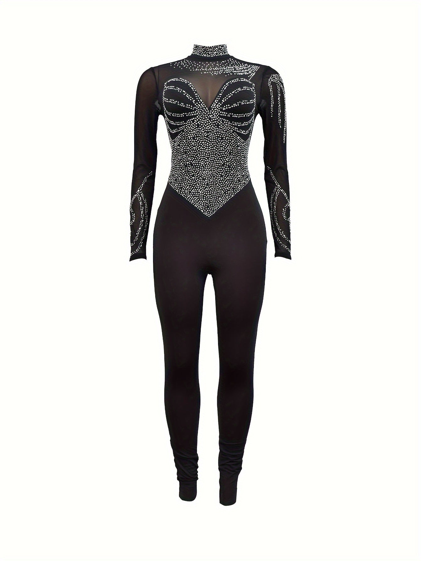 Rhinestone Illusion Neck Jumpsuit, Elegant Long Sleeve Tight Jumpsuit For Party & Club - Women's Clothing -  Sparkly Rhinestone Design -  Suitable for Evening Events & Parties - Perfect Gift for Women