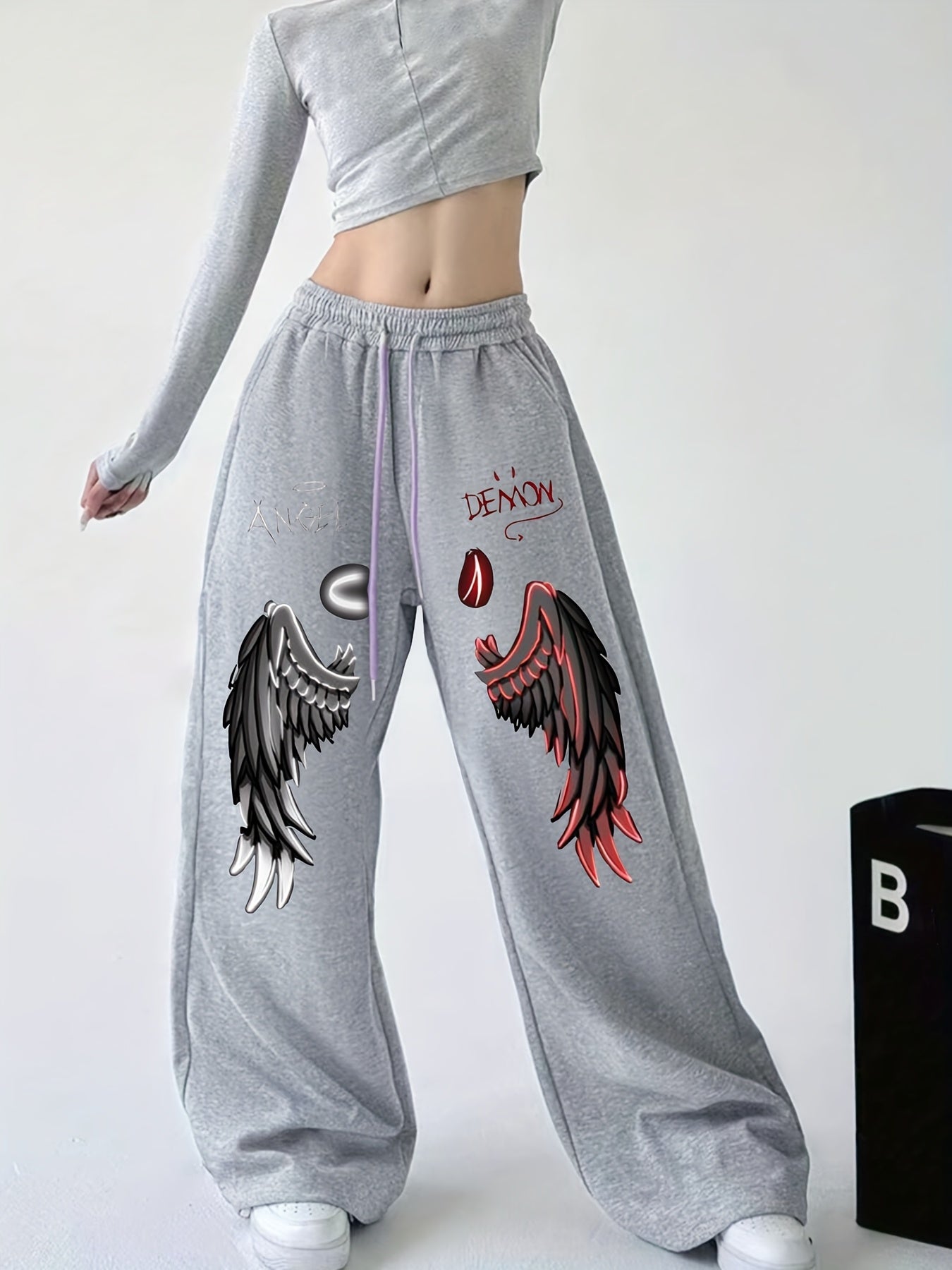 Women's Angel and Devil Wing Print Joggers - Casual Loose Fit Wide Leg Sweatpants with Drawstring Waist, Black Polyester, Versatile Clothing|Bold Print Leggings|Glossy Fabric Pants