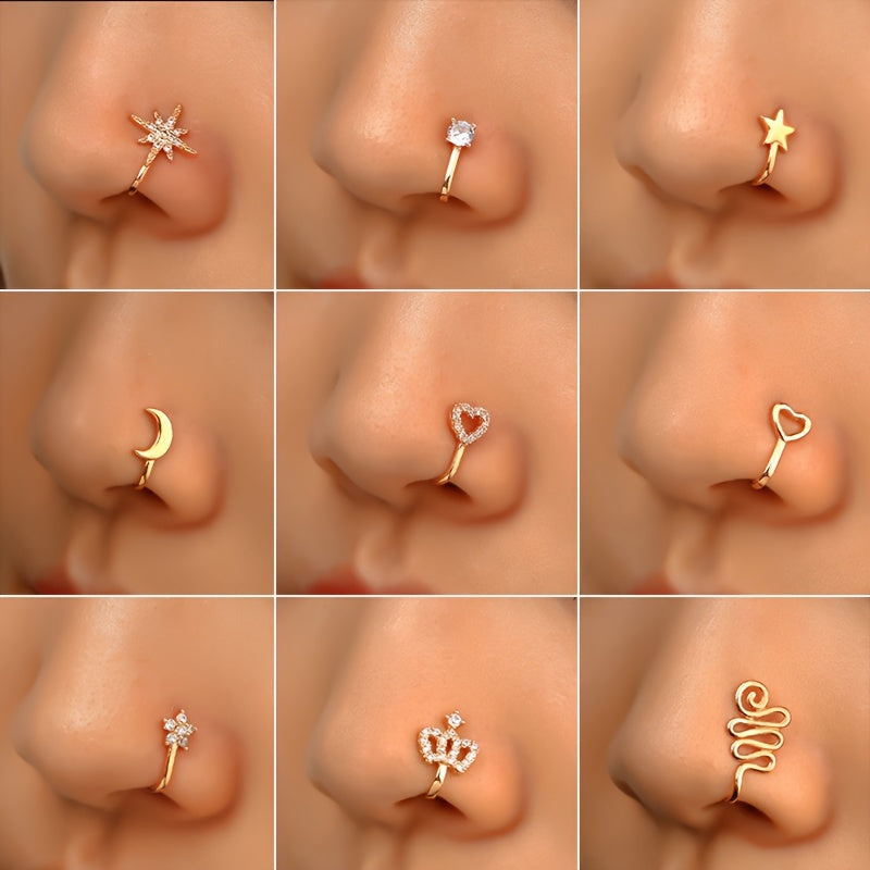 9pcs Non-Piercing Nose Ring Set – Gold-Plated U Shape Nose Clips with Zirconia, Star, Heart & Crown Charms – Stylish No Piercing Required Nose Jewelry for Women & Girls