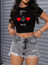 Sexy Letter Print Crop Top - Casual Sports Tee for Women, Breathable Polyester, Non-See-Through, Summer Wear