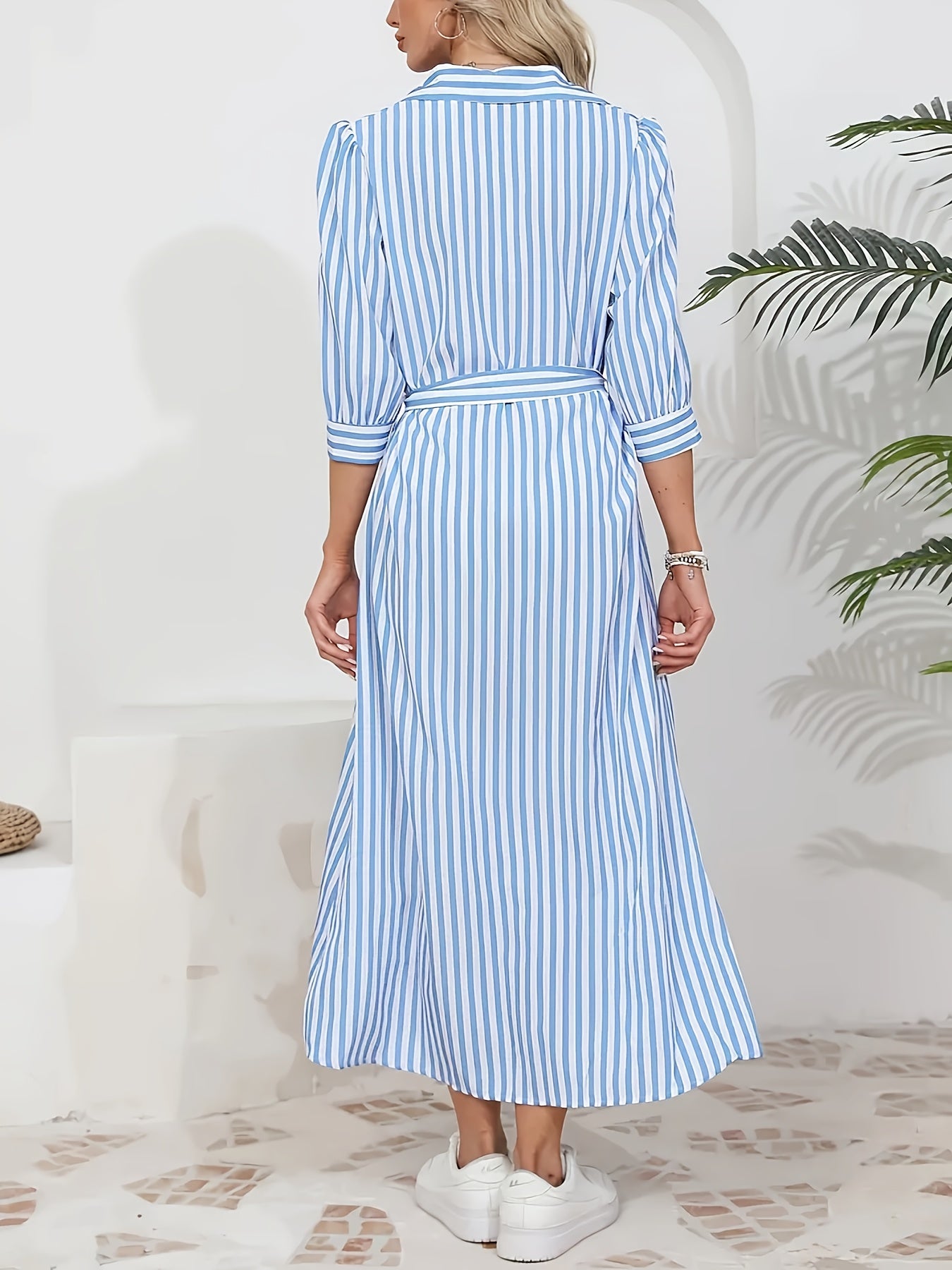 Elegant Long Sleeve Striped Shirt Dress with Waist Tie - Casual Commute Fashion for Women, All-Season Comfort, Three-Quarter Sleeve, Button-Up, Casual Attire | Stylish Casualwear | Polo Collar Dress
