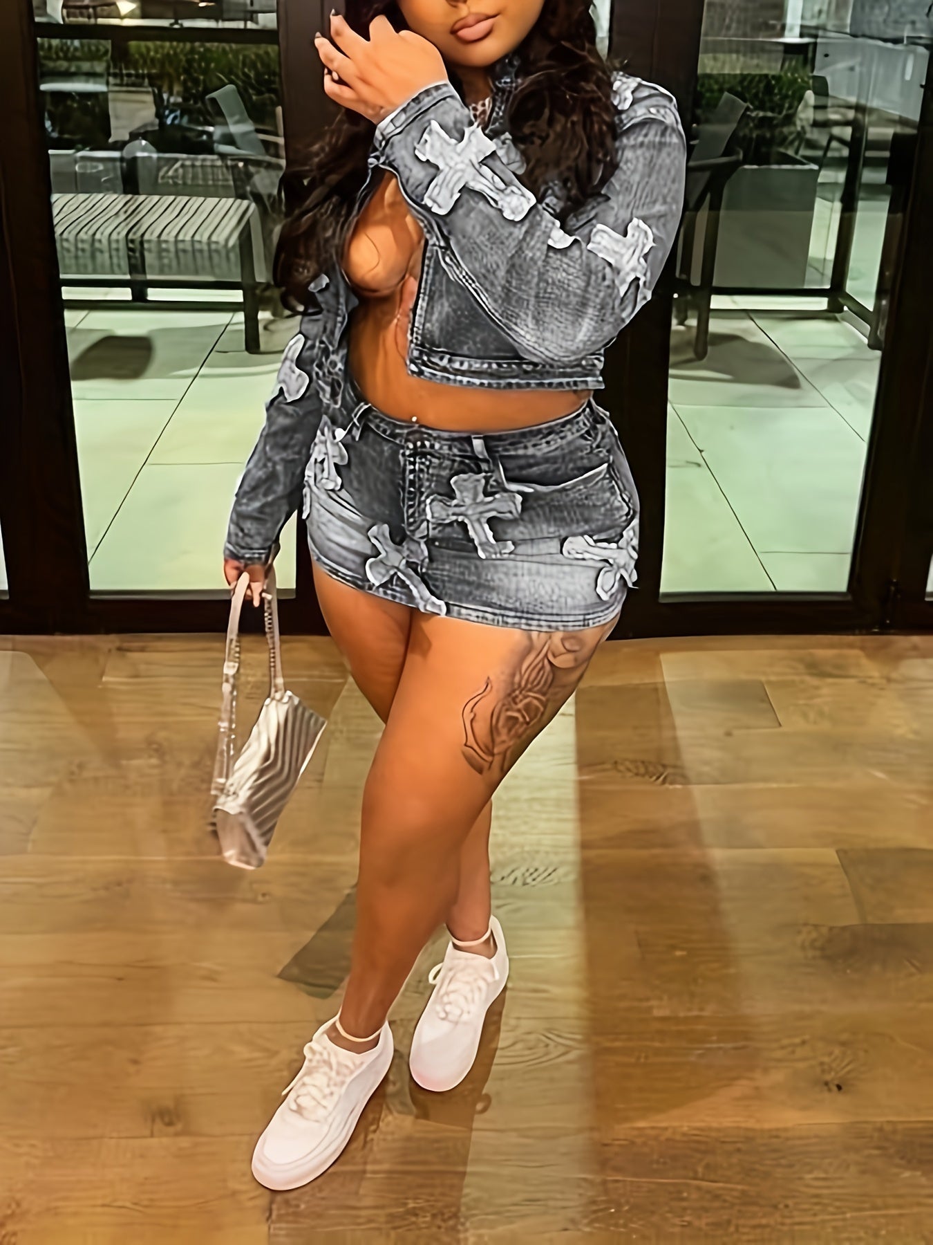 Skirt Sets Women 2pcs Outfits Denim Long Sleeve Full Zip Embroidery Crop Jean Jacket Mini Skirt Set