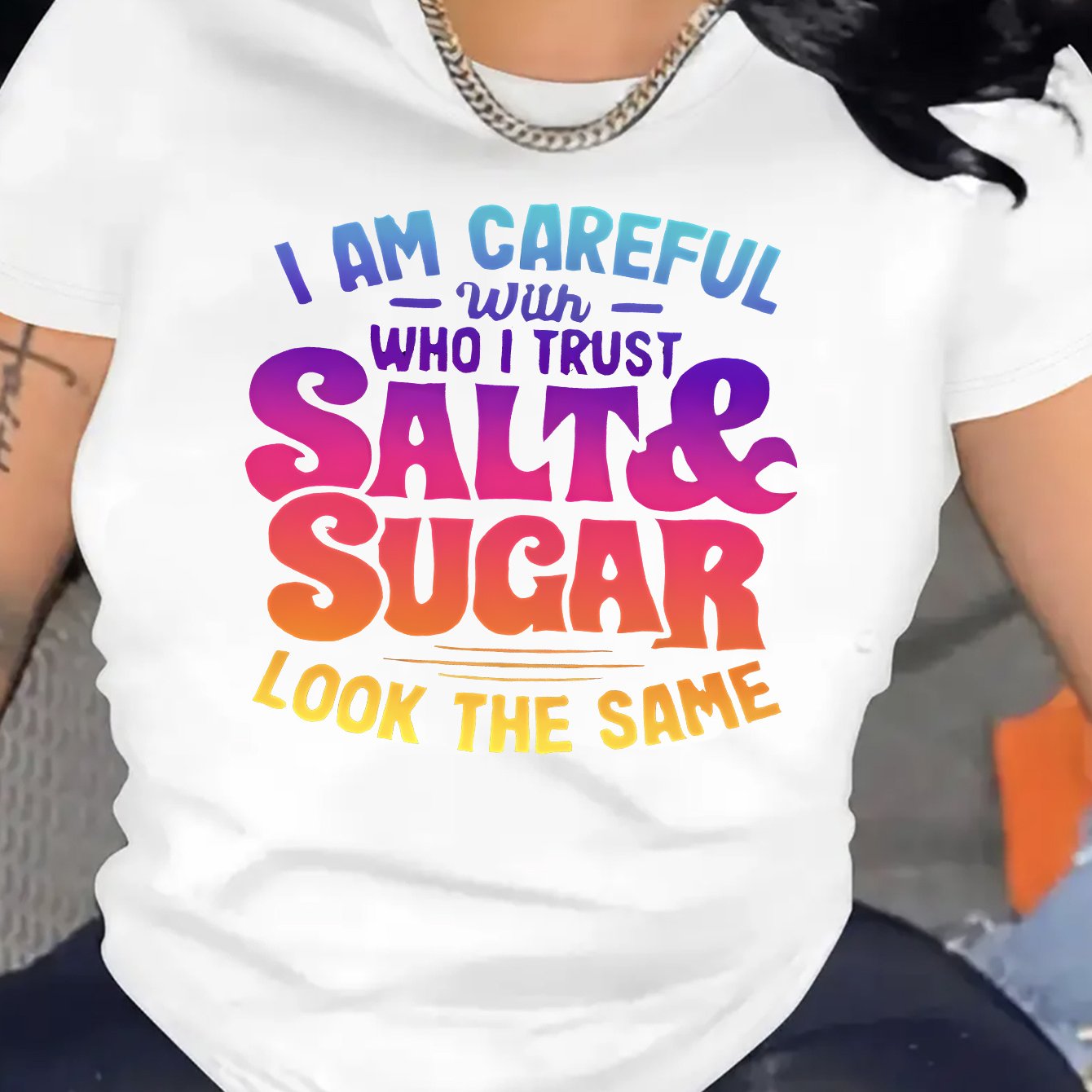 Women's Casual T-Shirt With Colorful Lettering "Salt And Sugar" Graphic, Round Neck, Short Sleeve, Sporty Top