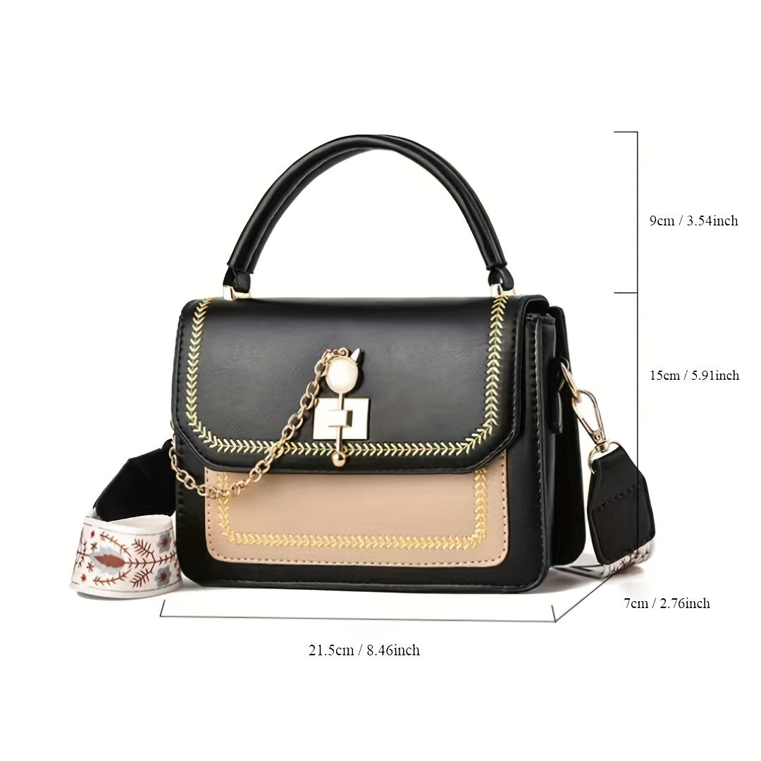 Stylish Two-Tone Chic Womens Handbag - Fashionable Crossbody Purse with Adjustable Printed Strap, Spacious Interior, and Durable PU Material - Zipper Closure, Edge Painted, and Polyester Lining for a Chic Look