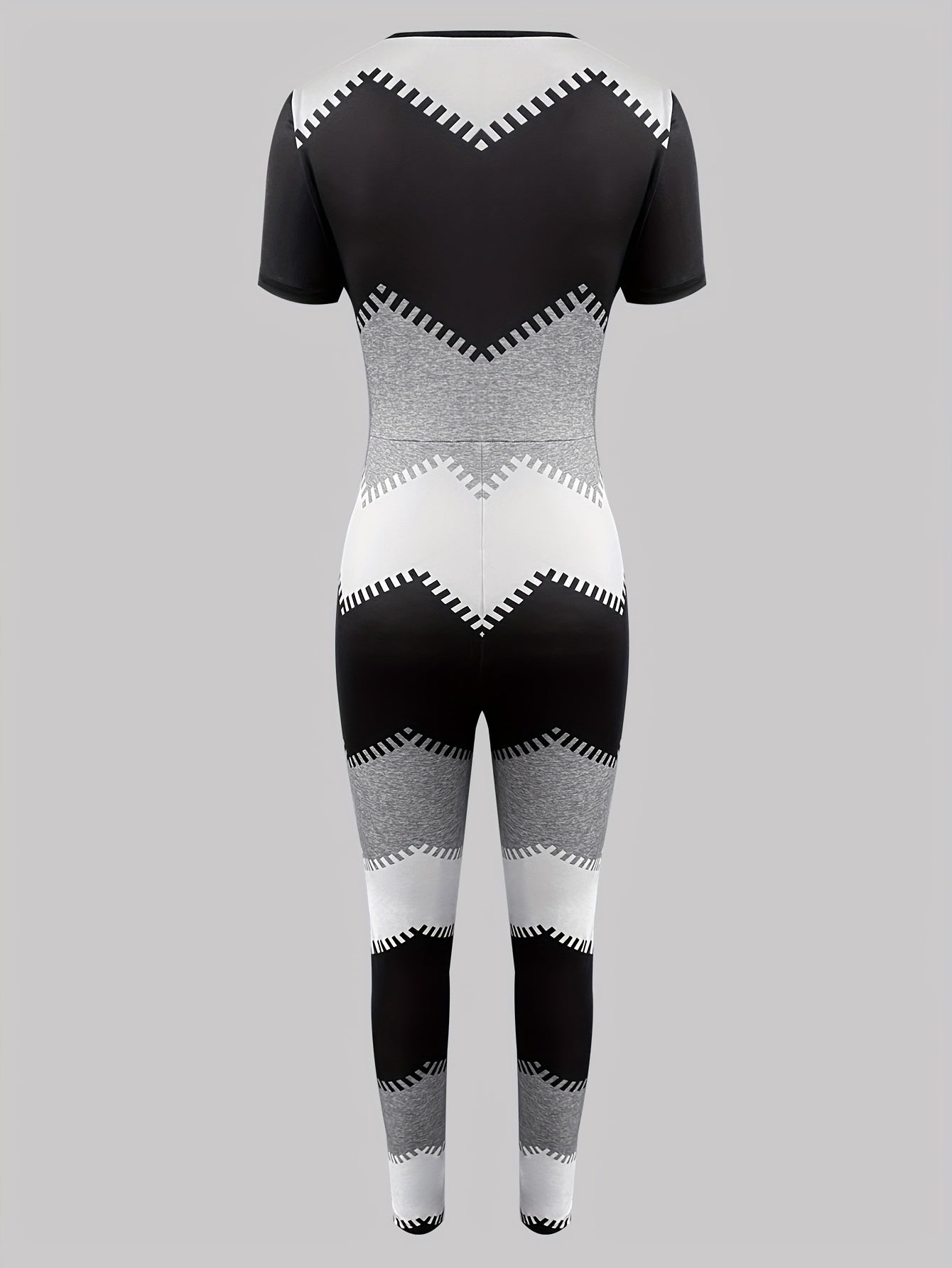 Women'S V-Neck Zipper Jumpsuit - Chic Black, White & Gray Overalls with Leopard Print Detail, Casual All-Season Style