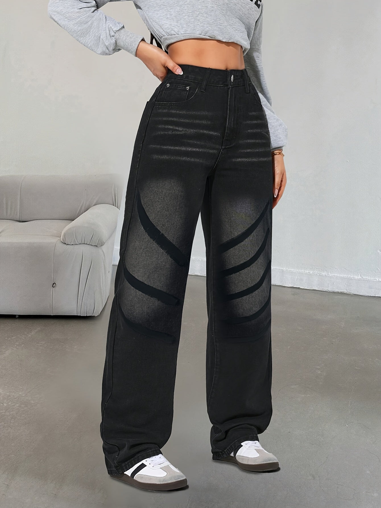 Women's Straight Leg Loose Jeans with Striped Detail - Mid-Rise, Black Denim, Casual Streetwear for Parties, Hip-Hop Style, Machine Washable