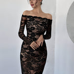 Elegant Black Off-Shoulder Lace Maxi Dress for Women - Geometric Pattern, Long Sleeve, Party & Festival Wear, Spring 2025 Collection, Party Dress | Offshoulder Style | Lace Detailing