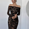 Elegant Black Off-Shoulder Lace Maxi Dress for Women - Geometric Pattern, Long Sleeve, Party & Festival Wear, Spring 2025 Collection, Party Dress | Offshoulder Style | Lace Detailing