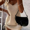 Casual Solid Color Knitted Dress with Thin Straps, Drawstring Tie for Spring And Autumn Knit Dress.