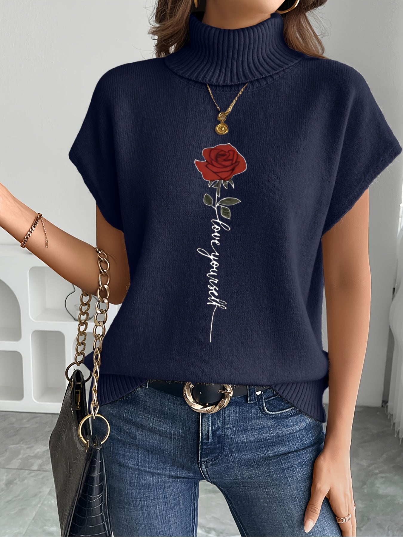 Women's Casual Rose Print Sleeveless Knit Vest - Elegant Beige Sweater with High Neckline and Stretchy Fabric, Perfect for Spring/Summer/Fall