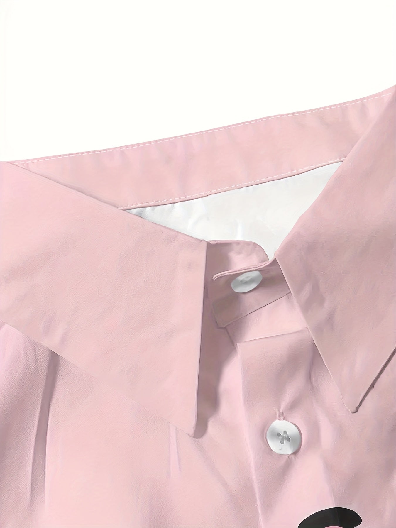 Women'S Long Sleeve Button-Up Shirt with Stylish Cartoon Cat Design - Casual Lapel Collar, Pink Shirt for Spring/Fall, Cute Long Sleeve Shirt