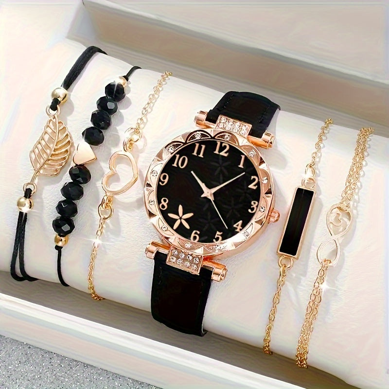 Set of 6 Beautifully Designed Printed Rhinestone Quartz Watches with Digital Dial And Bracelets for Women, Perfect Gift for Her