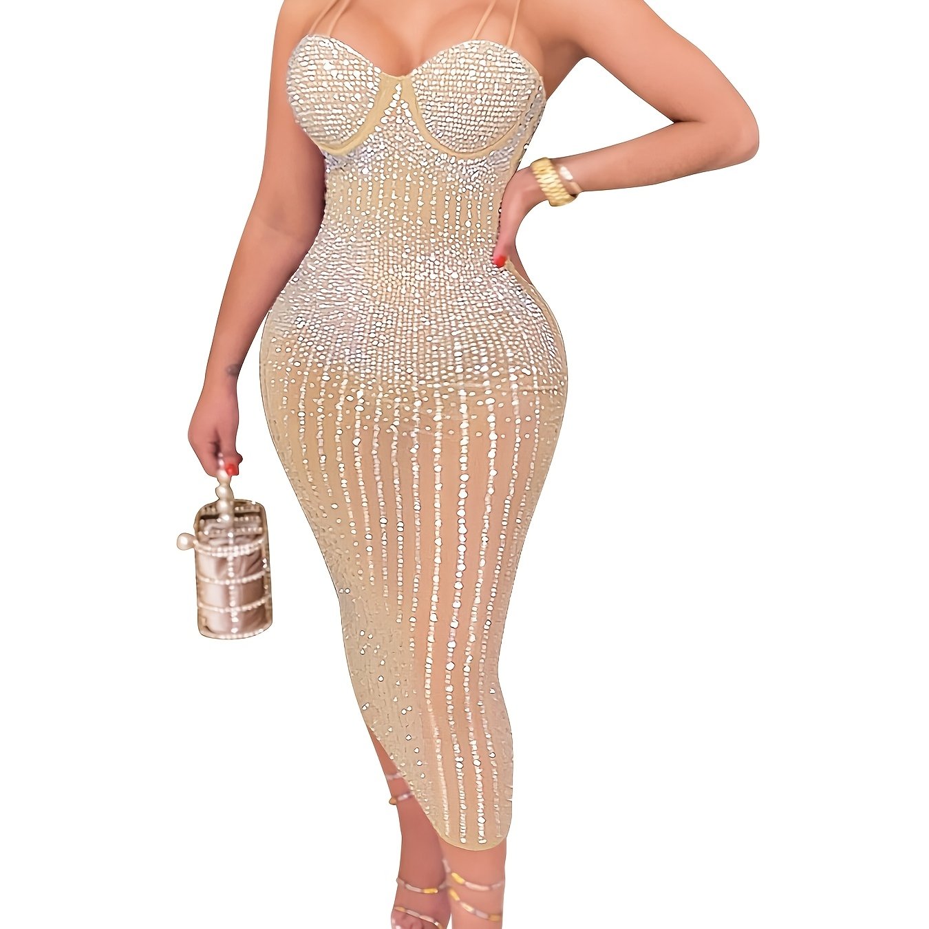 Elegant Off-Shoulder Rhinestone Halter Women'S Bodycon Dress - Sexy Mesh See-Through Long Sleeve Dress for Summer, Party, and Formal Events, Evening Event Attire | Halter Neck Dress | See-Through Mesh Fabric