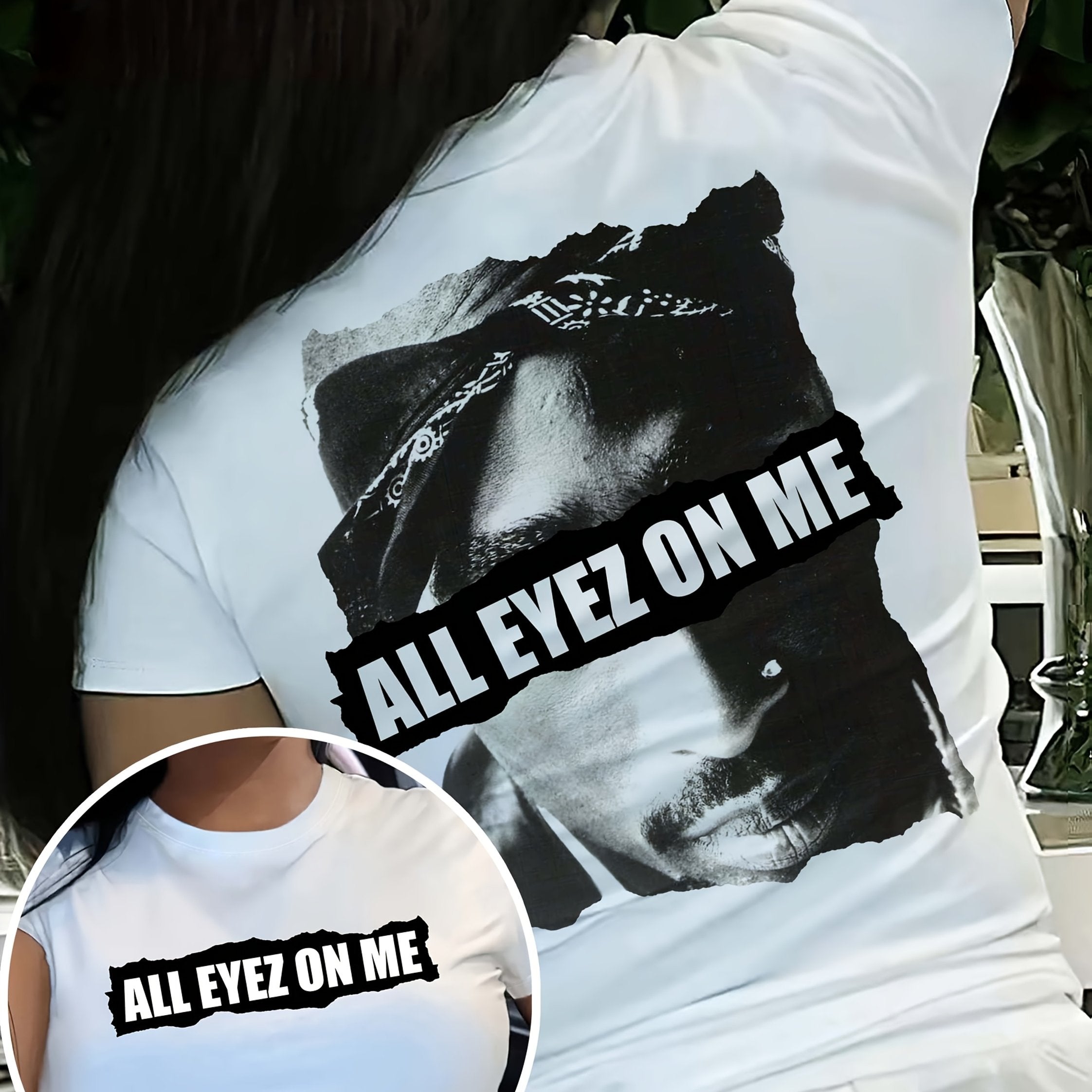 1pc Women'S Casual Crew Neck T-Shirt with Portrait Print, Polyester Knit Fabric, Regular Length, All Season Short Sleeve Tee - "All Eyez on Me" Graphic