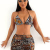 Women'S 2024 New Geometric Pattern Bikini Set with Headscarf, Polyester High Elasticity, Halter Neck, Sleeveless, Tie Detail, Swimwear Outfit for Ladies