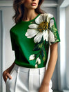 Women's Elegant Floral Print Short Sleeve T-Shirt - Bright Red with White Daisies and Green Leaves, Breathable Spring/Summer Casual Top | Floral Casual Tee | Comfort Fit, Women's T-Shirt