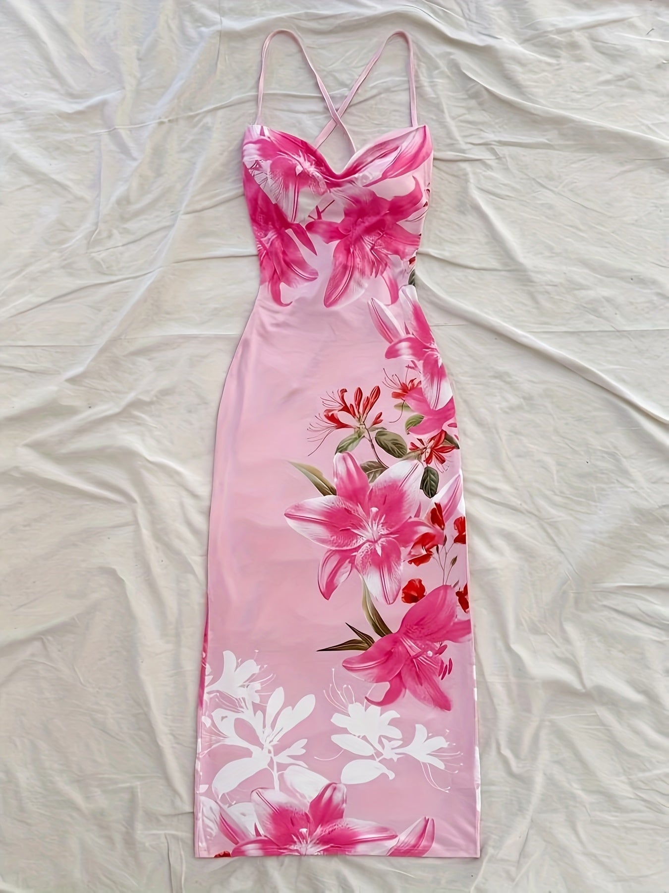Women's Elegant Floral Print Backless Bodycon Midi Dress - Pink Vacation Style with Strappy Design, Perfect for Summer Getaways, Summer Vacation Dress | Floral Midi Dress | Sophisticated Style, Cute Summer Dresses