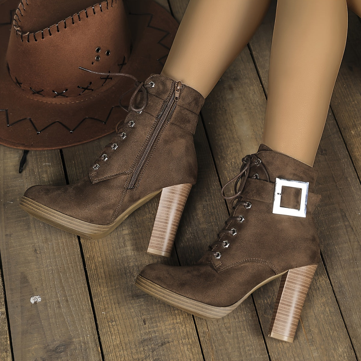 Chic Women's Ankle Boots with Block Heel - Casual Lace-Up & Side Zipper, Round Toe, Faux Cover