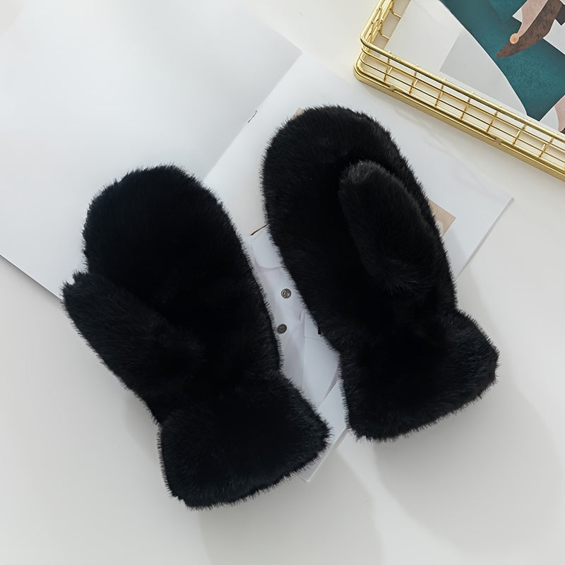 1 Pair Women’s Cozy Faux Fur Mittens - Thick, Warm & Soft Beige Winter Gloves for Outdoor Activities, Hand Washable Polyester