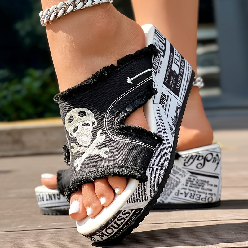 Newspaper Buckle Denim Wedge Slippers - Without Anklet