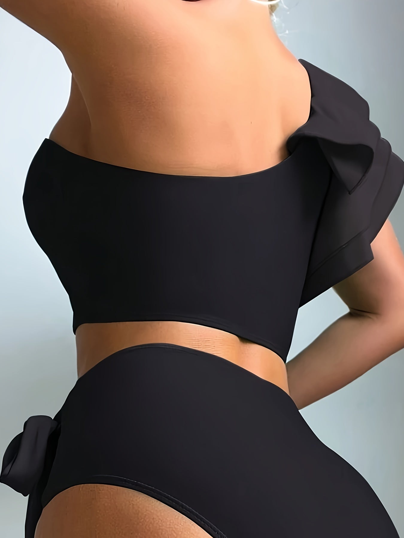 Asymmetric Ruffle Knot Side 2 Piece Set Bikini, One Shoulder Plain High Waisted Stretchy Swimsuits, Women's Swimwear & Clothing