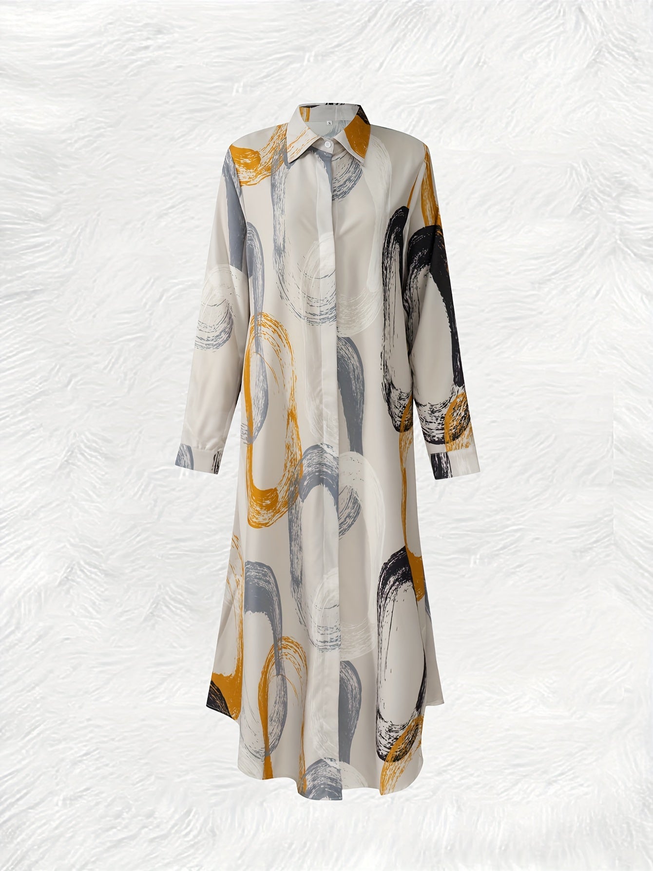 Chic Vacation-Style Long Sleeve Dress - Women's Polyester Shift with Abstract Print, Button-Up Collar, and Roll-Up Option - Perfect for Spring/Fall Getaways